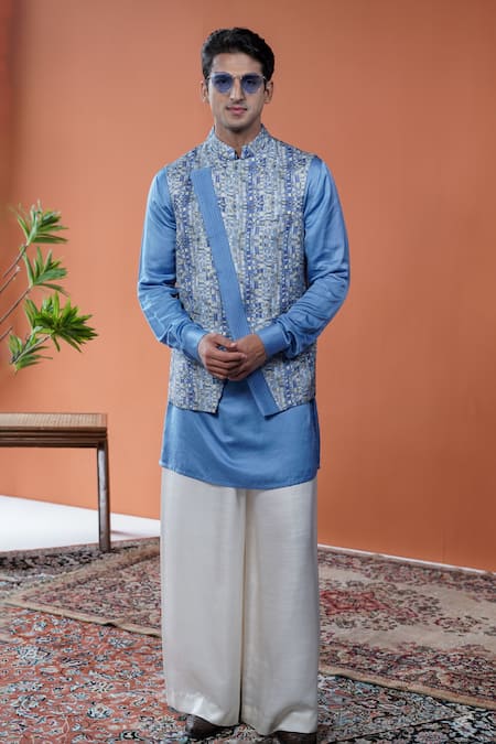 Buy Philocaly Blue Linen, Satin Taran Printed Bundi And Tonal Kurta Set Buy_Philocaly_Blue Linen, Satin Taran Printed Bundi And Tonal Kurta Set
