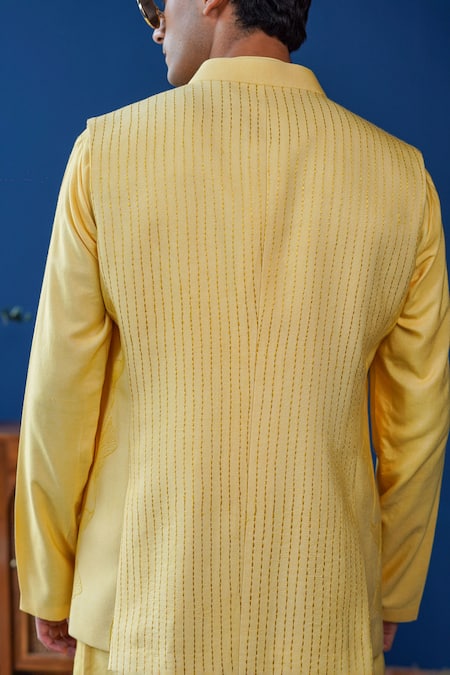 Philocaly_Yellow Cotton, Silk Embroidery Chayan Tonal Floral Open Bundi _Online_at_Aza_Fashions