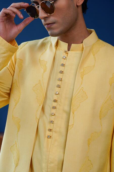 Shop_Philocaly_Yellow Cotton, Silk Embroidery Chayan Tonal Floral Open Bundi _Online_at_Aza_Fashions