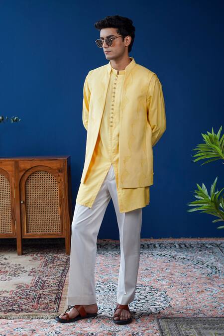 Philocaly_Yellow Cotton, Silk Embroidery Chayan Tonal Floral Open Bundi _at_Aza_Fashions