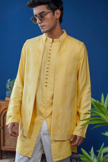 Buy_Philocaly_Yellow Cotton, Silk, Linen, Satin Embroidery Chayan Bundi And Kurta _Online_at_Aza_Fashions