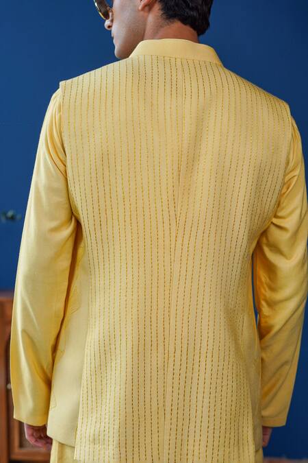 Shop_Philocaly_Yellow Cotton, Silk, Linen, Satin Embroidery Chayan Bundi And Kurta _Online_at_Aza_Fashions