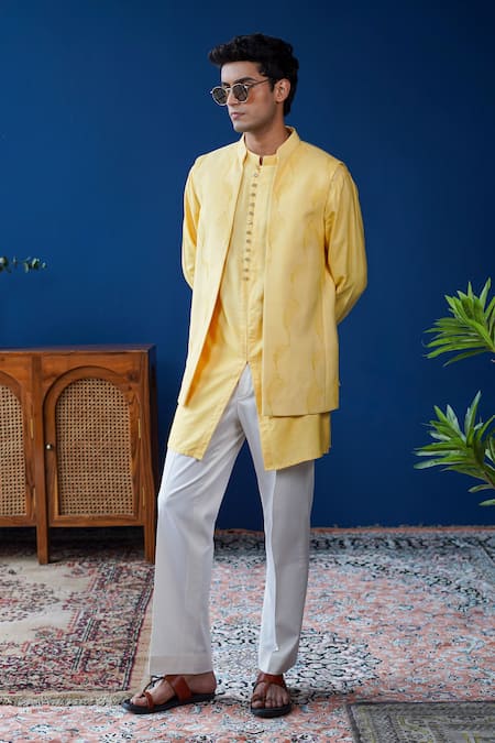 Philocaly_Yellow Cotton, Silk, Linen, Satin Embroidery Chayan Bundi And Kurta _at_Aza_Fashions