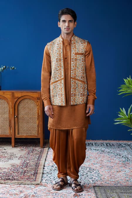 Philocaly_Tan Linen, Satin Rivan Printed Checkered Open Bundi _Online_at_Aza_Fashions