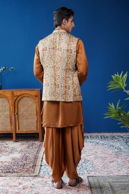 Philocaly Rivan Printed Checkered Linen Satin Open Bundi 