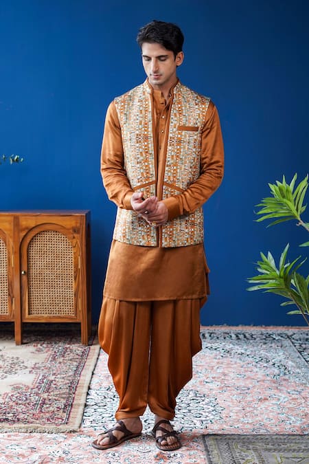 Buy_Philocaly_Tan Linen, Satin Rivan Printed Checkered Open Bundi _Online_at_Aza_Fashions