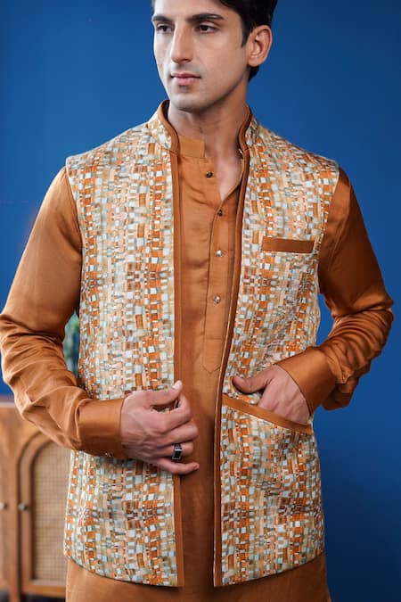 Shop_Philocaly_Tan Linen, Satin Rivan Printed Checkered Open Bundi _Online_at_Aza_Fashions