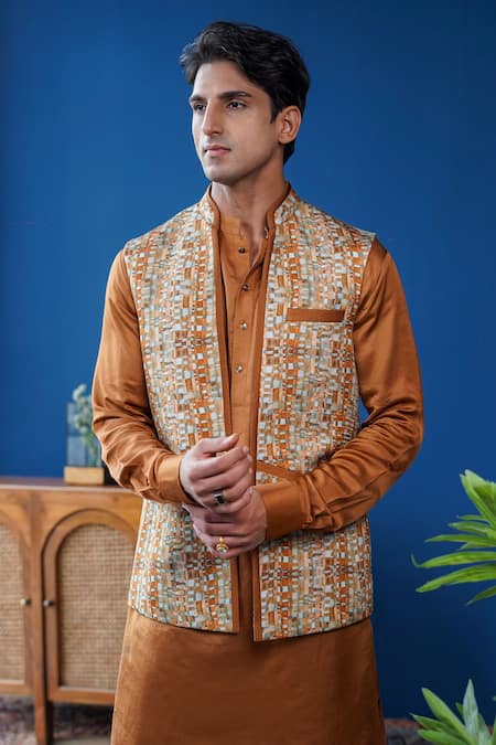 Philocaly_Brown Linen, Satin Rivan Checkered Print Bundi And Kurta _Online_at_Aza_Fashions