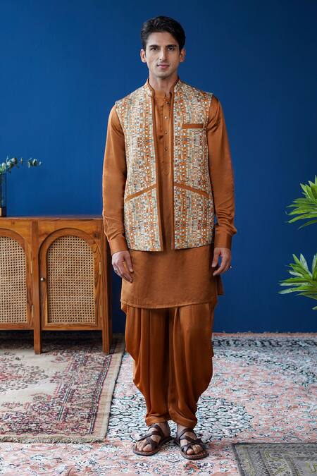 Buy_Philocaly_Brown Linen, Satin Rivan Checkered Print Bundi And Kurta _Online_at_Aza_Fashions
