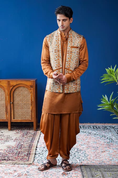 Philocaly Brown Linen, Satin Rivan Checkered Print Bundi And Kurta 
