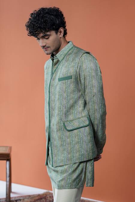 Philocaly_Green Tussar Aariv Striped Print Bundi With Tonal Binding _Online_at_Aza_Fashions