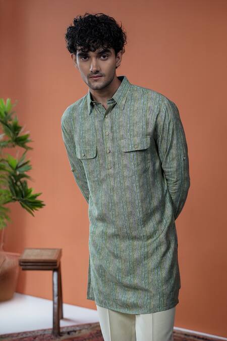Philocaly_Green Cotton, Tussar Aarivan Pathani Style Digital Striped Kurta _Online_at_Aza_Fashions