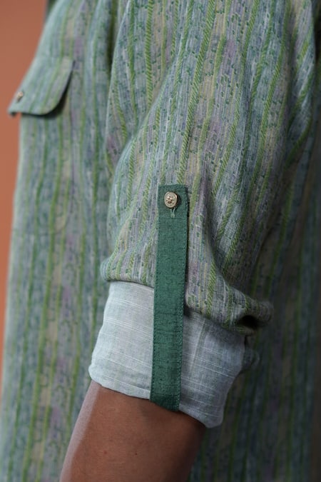 Buy_Philocaly_Green Cotton, Tussar Aarivan Pathani Style Digital Striped Kurta _Online_at_Aza_Fashions