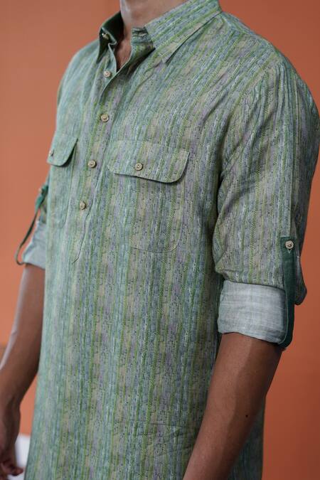 Shop_Philocaly_Green Cotton, Tussar Aarivan Pathani Style Digital Striped Kurta _Online_at_Aza_Fashions