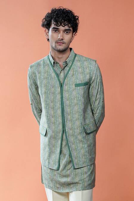 Philocaly_Green Cotton, Tussar Aariv Printed Stripe Bundi And Kurta Set _Online_at_Aza_Fashions