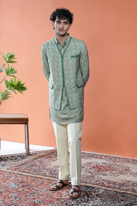 Philocaly_Green Cotton, Tussar Aariv Printed Stripe Bundi And Kurta Set _at_Aza_Fashions