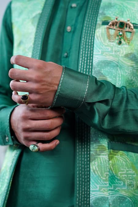 Philocaly_Green Linen, Satin Embroidery, Pushpvan Printed Open Bundi And Tonal Kurta Set _Online_at_Aza_Fashions