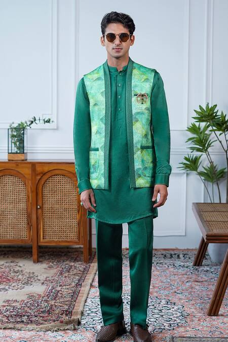 Buy_Philocaly_Green Linen, Satin Embroidery, Pushpvan Printed Open Bundi And Tonal Kurta Set _Online_at_Aza_Fashions