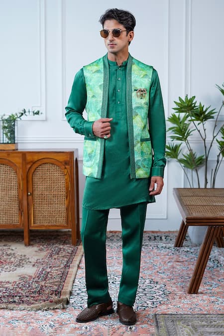 Philocaly Green Linen, Satin Embroidery, Pushpvan Printed Open Bundi And Tonal Kurta Set 