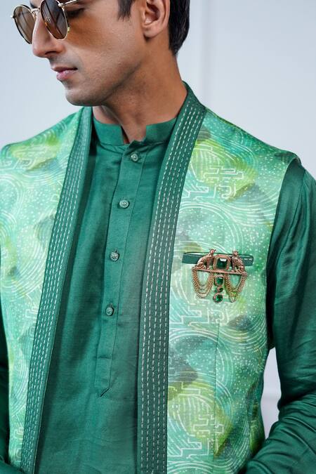 Shop_Philocaly_Green Linen, Satin Embroidery, Pushpvan Printed Open Bundi And Tonal Kurta Set _Online_at_Aza_Fashions