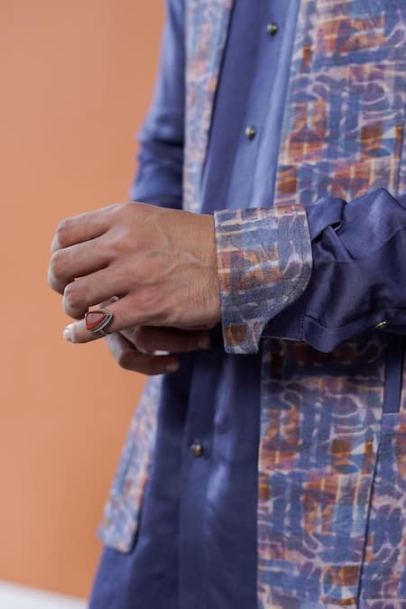 Philocaly_Purple Cotton, Tussar Varnit Printed Open-front Bundi _Online_at_Aza_Fashions