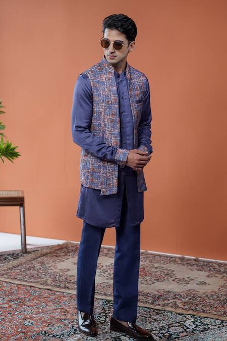 Buy_Philocaly_Purple Cotton, Tussar Varnit Printed Open-front Bundi _Online_at_Aza_Fashions