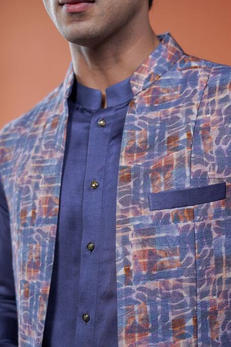 Shop_Philocaly_Purple Cotton, Tussar Varnit Printed Open-front Bundi _Online_at_Aza_Fashions