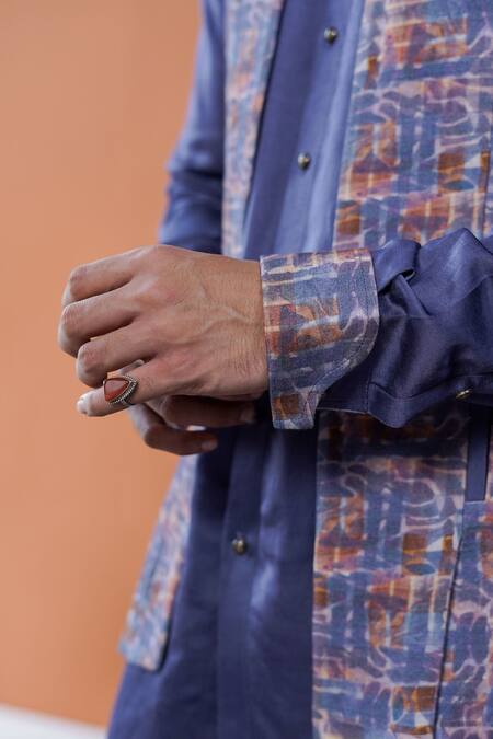 Philocaly_Purple Tussar, Cotton, Linen, Satin Varnit Printed Bundi And Tonal Kurta _Online_at_Aza_Fashions