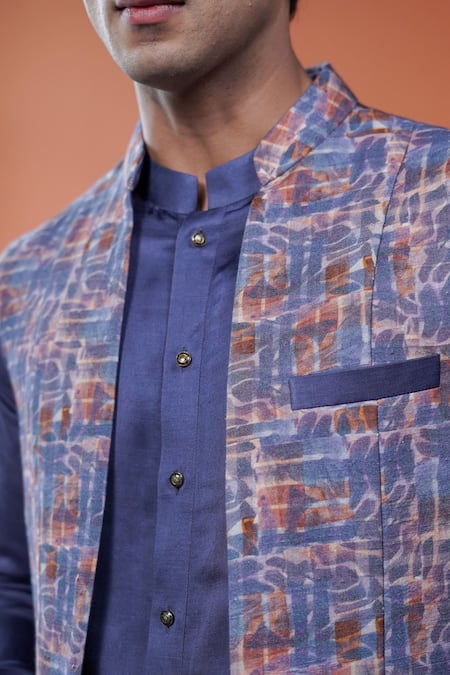 Shop_Philocaly_Purple Tussar, Cotton, Linen, Satin Varnit Printed Bundi And Tonal Kurta _Online_at_Aza_Fashions