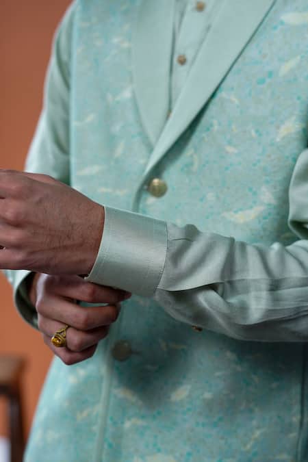 Philocaly_Mint Cotton, Tussar Shobhit Leafy Printed Bundi  _Online_at_Aza_Fashions