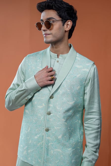 Buy_Philocaly_Mint Cotton, Tussar Shobhit Leafy Printed Bundi  _Online_at_Aza_Fashions