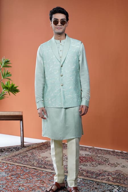 Shop_Philocaly_Mint Cotton, Tussar Shobhit Leafy Printed Bundi  _Online_at_Aza_Fashions