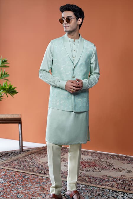 Philocaly_Mint Cotton, Tussar Shobhit Leafy Printed Bundi  _at_Aza_Fashions