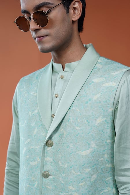 Buy_Philocaly_Mint Cotton, Tussar Shobhit Leafy Printed Bundi  