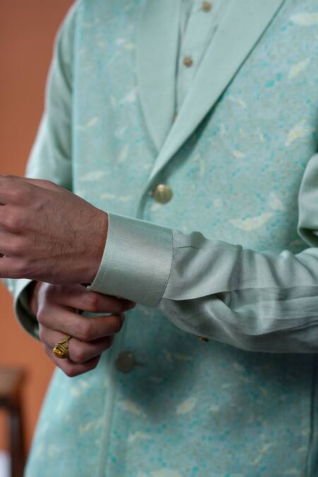 Philocaly_Green Tussar, Linen, Satin Shobhit Leaf Print Bundi And Kurta _Online_at_Aza_Fashions