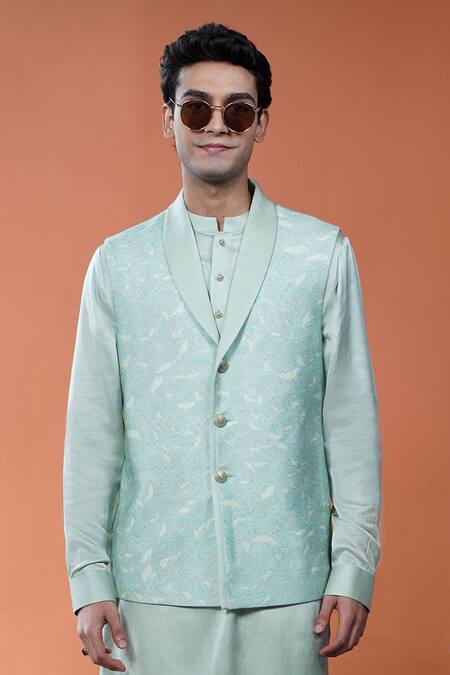 Buy_Philocaly_Green Tussar, Linen, Satin Shobhit Leaf Print Bundi And Kurta _Online_at_Aza_Fashions