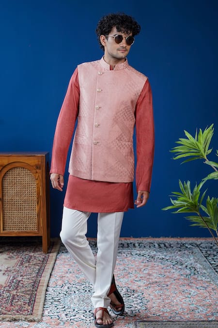 Philocaly_Pink Silk, Cotton Embroidery Rosaan Set Bundi And Kurta _Online_at_Aza_Fashions
