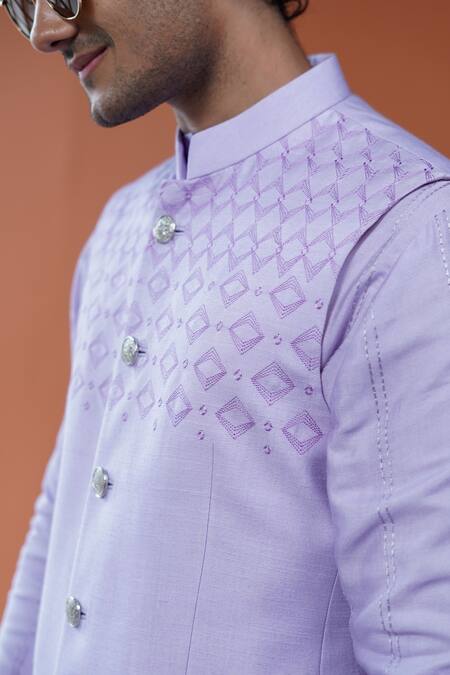 Shop_Philocaly_Lavender Tussar, Cotton Embroidery Veluna Diamond Bundi _Online_at_Aza_Fashions