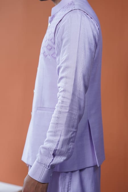 Buy_Philocaly_Lavender Tussar, Cotton, Silk Veluna Diamond Tessellated Bundi And Kurta _Online_at_Aza_Fashions