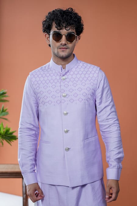 Philocaly_Lavender Tussar, Cotton, Silk Veluna Diamond Tessellated Bundi And Kurta _at_Aza_Fashions