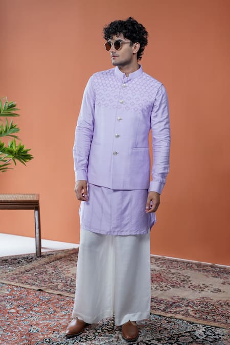 Philocaly Lavender Tussar, Cotton, Silk Veluna Diamond Tessellated Bundi And Kurta 