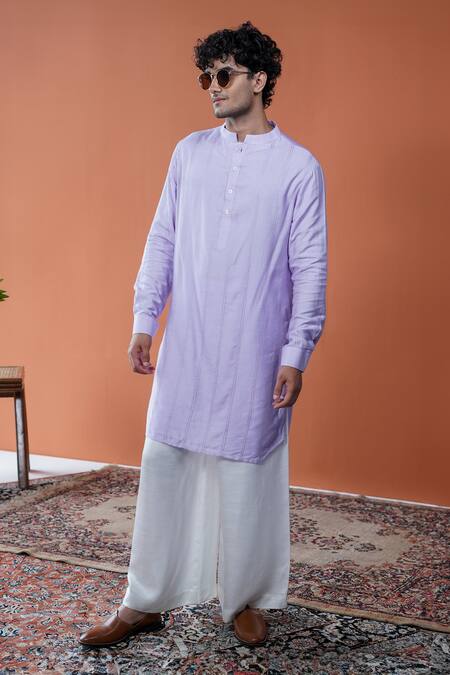 Buy_Philocaly_Lavender Tussar, Cotton, Silk Veluna Diamond Tessellated Bundi And Kurta 