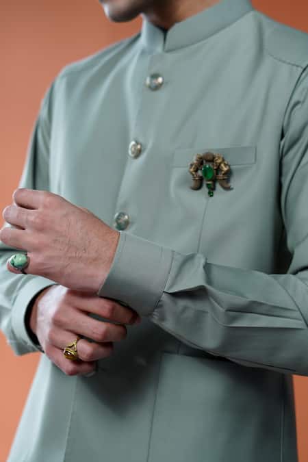 Philocaly_Green Wool Vanraj Pick-stitched Bundi And Kurta_Online_at_Aza_Fashions