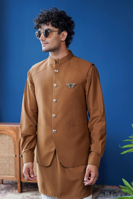 Buy_Philocaly_Brown Wool Taruvar Pick-stitch Yoke Bundi And Kurta _Online_at_Aza_Fashions