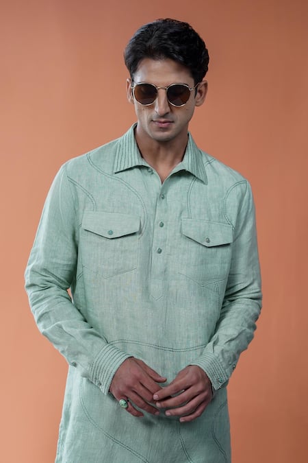 Philocaly Green Linen Embroidery Samudra Pathani Kurta Online at Aza Fashions Philocaly_Green Linen Embroidery Samudra Pathani Kurta _Online_at_Aza_Fashions