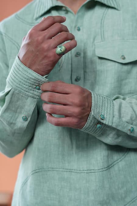 Buy Philocaly Green Linen Embroidery Samudra Pathani Kurta Online at Aza Fashions Buy_Philocaly_Green Linen Embroidery Samudra Pathani Kurta _Online_at_Aza_Fashions