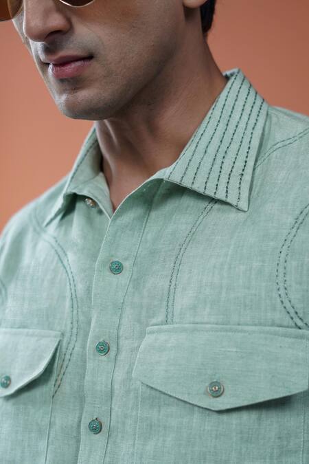 Shop Philocaly Green Linen Embroidery Samudra Pathani Kurta Online at Aza Fashions Shop_Philocaly_Green Linen Embroidery Samudra Pathani Kurta _Online_at_Aza_Fashions