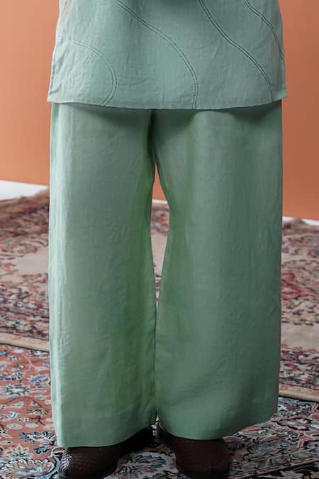 Philocaly_Green Linen Embroidery Samudra Set Wavy Pathani Kurta And Farshi Pant _Online_at_Aza_Fashions