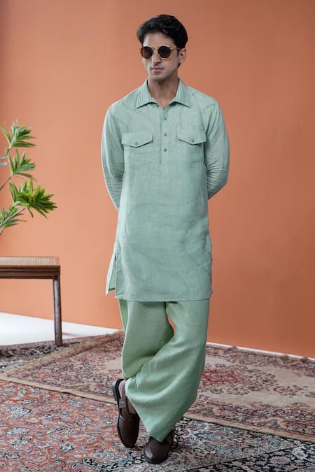 Philocaly Samudra Set Linen Wavy Embroidered Pathani Kurta & Farshi Pant 