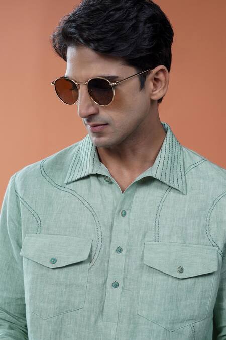 Buy_Philocaly_Green Linen Embroidery Samudra Set Wavy Pathani Kurta And Farshi Pant 